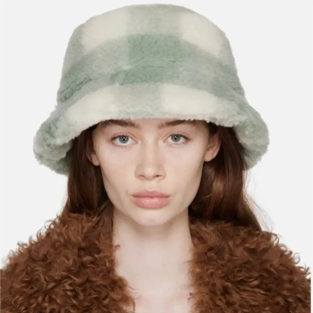 Stand Studio NWT Wera Fuzzy Check Bucket Hat Mint Wool Blend Medium